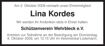 Traueranzeige von Lina Kordes von KREISZEITUNG SYKE