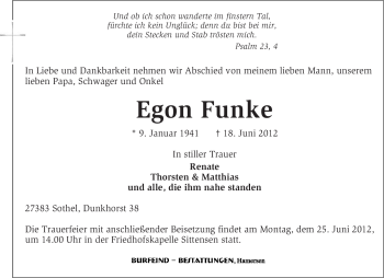 Traueranzeige von Egon Funke von KREISZEITUNG SYKE