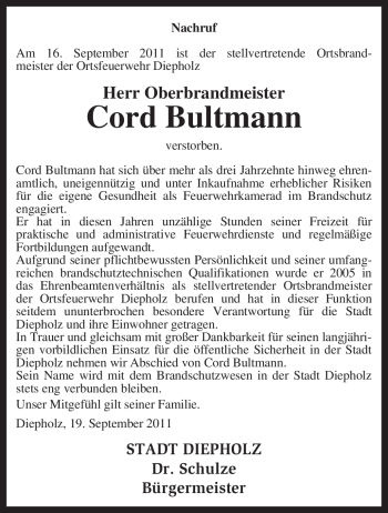 Traueranzeige von Cord Bultmann von KREISZEITUNG SYKE