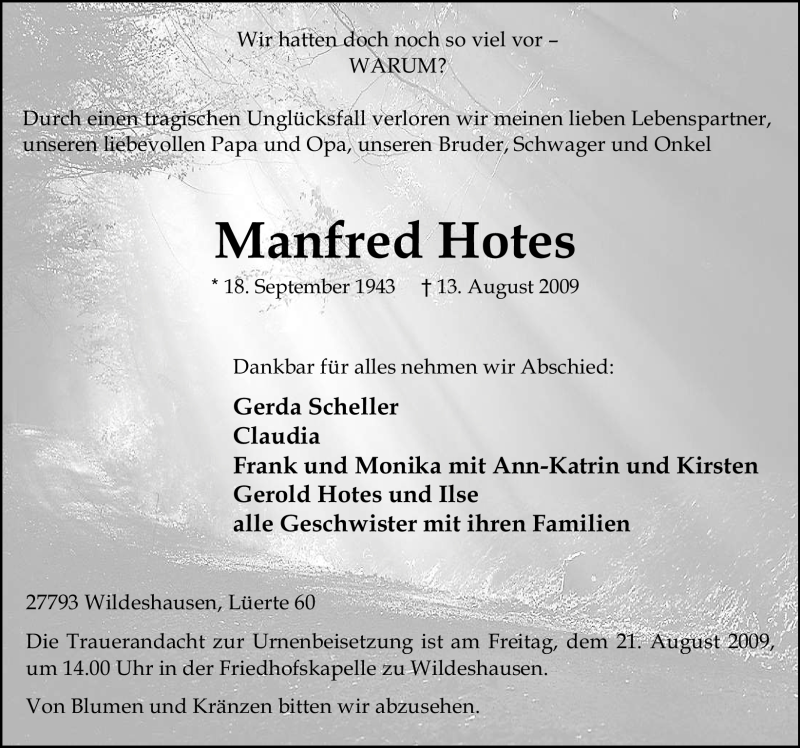  Traueranzeige für Manfred Hotes vom 15.08.2009 aus 