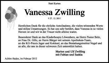 Traueranzeige von Vanessa Zwilling von KREISZEITUNG SYKE