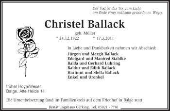 Traueranzeige von Christel Ballack von KREISZEITUNG SYKE