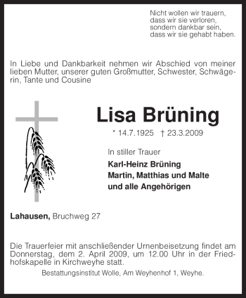 Traueranzeige von Lisa Brüning von KREISZEITUNG SYKE