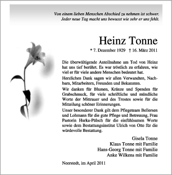 Traueranzeige von Heinz Tonne von KREISZEITUNG SYKE