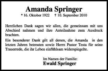 Traueranzeige von Amanda Springer von KREISZEITUNG SYKE