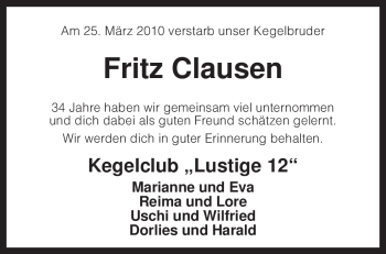 Traueranzeige von Fritz Clausen von KREISZEITUNG SYKE