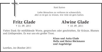 Traueranzeige von Fritz Glade von KREISZEITUNG SYKE