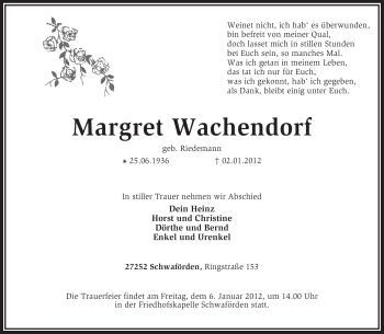 Traueranzeige von Margret Wachendorf von KREISZEITUNG SYKE