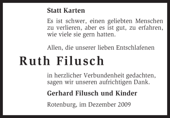 Traueranzeige von Ruth Filusch von KREISZEITUNG SYKE