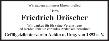 Traueranzeige von Friedrich Dröscher von KREISZEITUNG SYKE