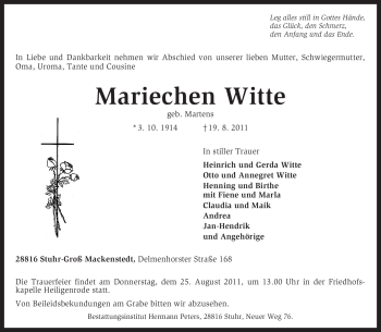 Traueranzeige von Mariechen Witte von KREISZEITUNG SYKE