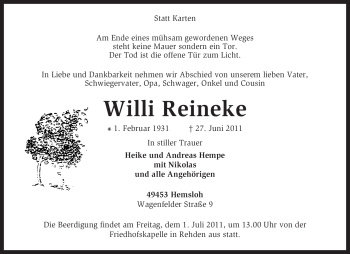 Traueranzeige von Willi Reineke von KREISZEITUNG SYKE