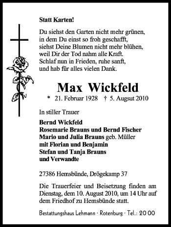 Traueranzeige von Max Wickfeld von KREISZEITUNG SYKE