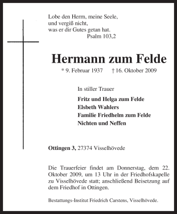 Traueranzeige von Hermann zum Felde von KREISZEITUNG SYKE