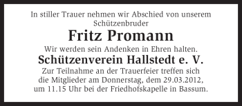 Traueranzeige von Fritz Promann von KREISZEITUNG SYKE