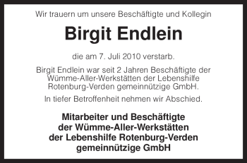 Traueranzeige von Birgit Endlein von KREISZEITUNG SYKE