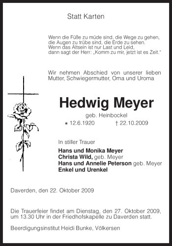 Traueranzeige von Hedwig Meyer von KREISZEITUNG SYKE