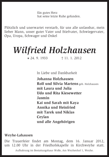 Traueranzeige von Wilfried Holzhausen von KREISZEITUNG SYKE