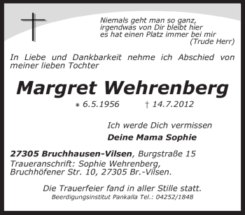 Traueranzeige von Margret Wehrenberg von KREISZEITUNG SYKE