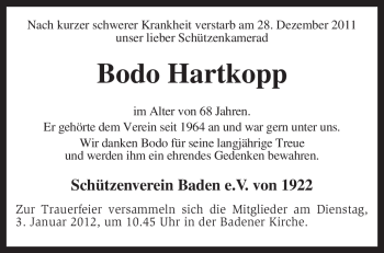 Traueranzeige von Bodo Hartkopp von KREISZEITUNG SYKE