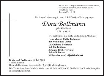 Traueranzeige von Dora Bollmann von KREISZEITUNG SYKE