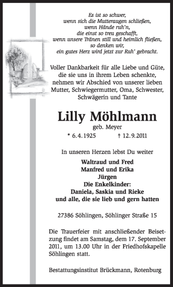 Traueranzeige von Lilly Möhlmann von KREISZEITUNG SYKE