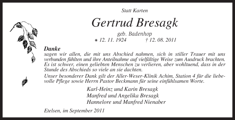  Traueranzeige für Gertrud Bresagk vom 10.09.2011 aus KREISZEITUNG SYKE