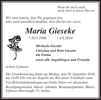 Traueranzeige von Maria Gieseke von KREISZEITUNG SYKE