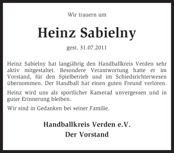 Traueranzeige von Heinz Sabielny von KREISZEITUNG SYKE