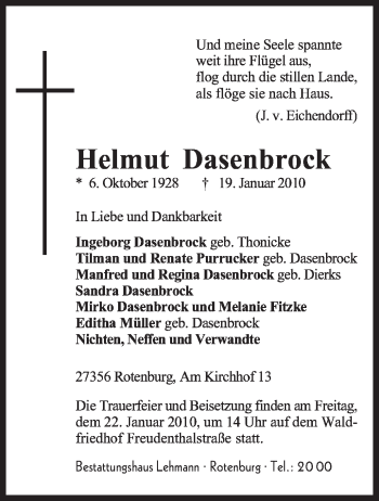 Traueranzeige von Helmut Dasenbrock von KREISZEITUNG SYKE