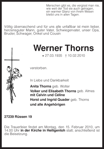 Traueranzeige von Werner Thorns von KREISZEITUNG SYKE