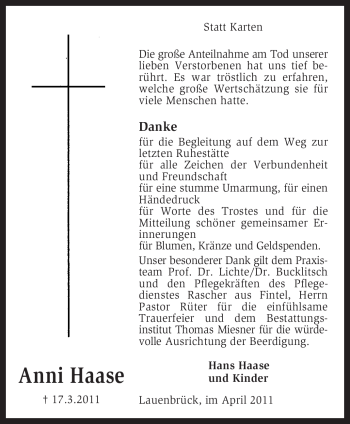 Traueranzeige von Anni Haase von KREISZEITUNG SYKE