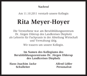 Traueranzeige von Rita Meyer-Hoyer von KREISZEITUNG SYKE