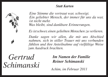 Traueranzeige von Gertrud Schimanski von KREISZEITUNG SYKE