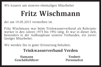 Traueranzeige von Fritz Wischmann von KRZ