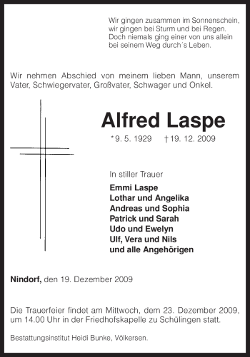 Traueranzeige von Alfred Laspe von KREISZEITUNG SYKE