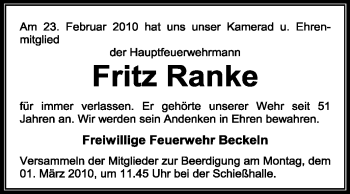 Traueranzeige von Fritz Ranke von KREISZEITUNG SYKE