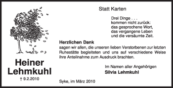 Traueranzeige von Heiner Lehmkuhl von KREISZEITUNG SYKE