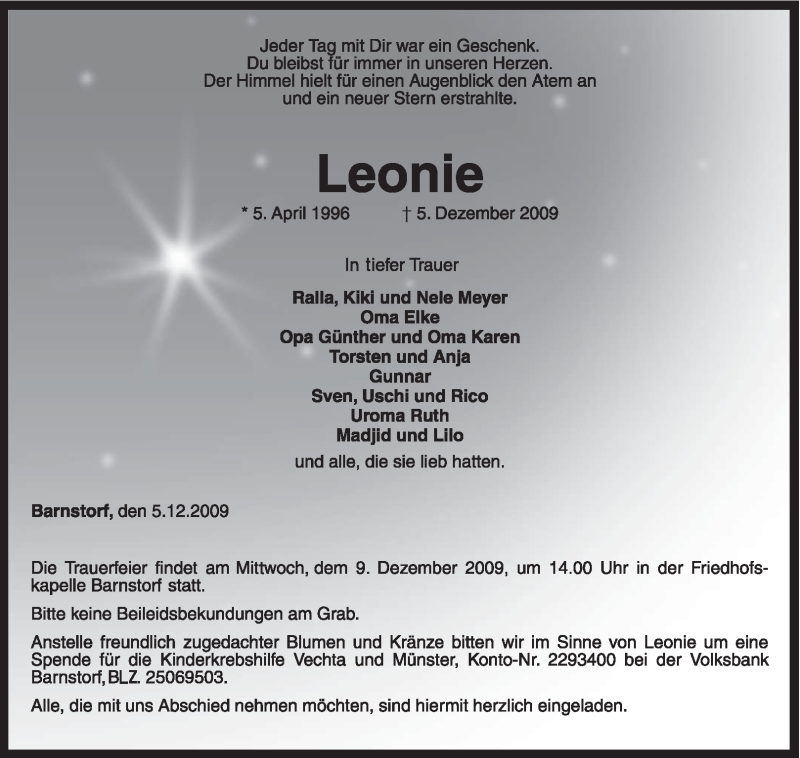  Traueranzeige für Leonie Unbekannt vom 07.12.2009 aus KREISZEITUNG SYKE