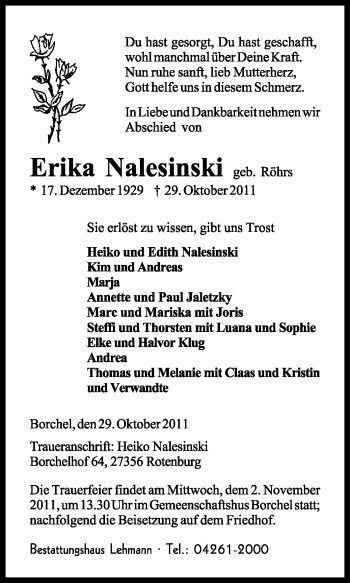 Traueranzeige von Erika Nalesinski von KREISZEITUNG SYKE