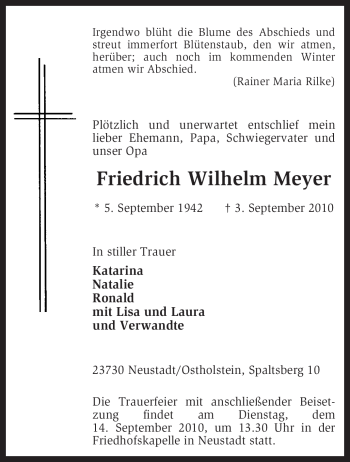 Traueranzeige von Friedrich Wilhelm Meyer von KREISZEITUNG SYKE