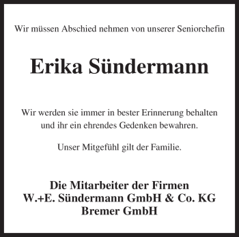 Traueranzeige von Erika Sündermann von KREISZEITUNG SYKE