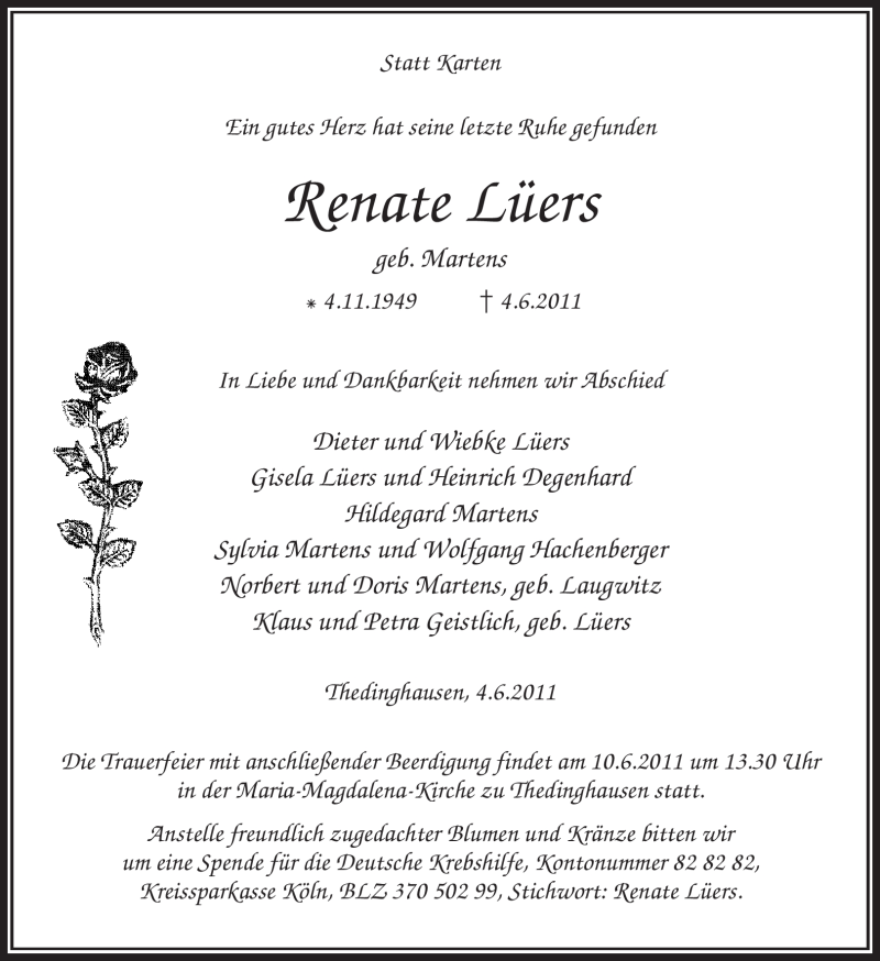  Traueranzeige für Renate Lüers vom 07.06.2011 aus KREISZEITUNG SYKE