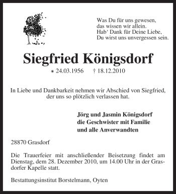 Traueranzeige von Siegfried Königsdorf von KREISZEITUNG SYKE