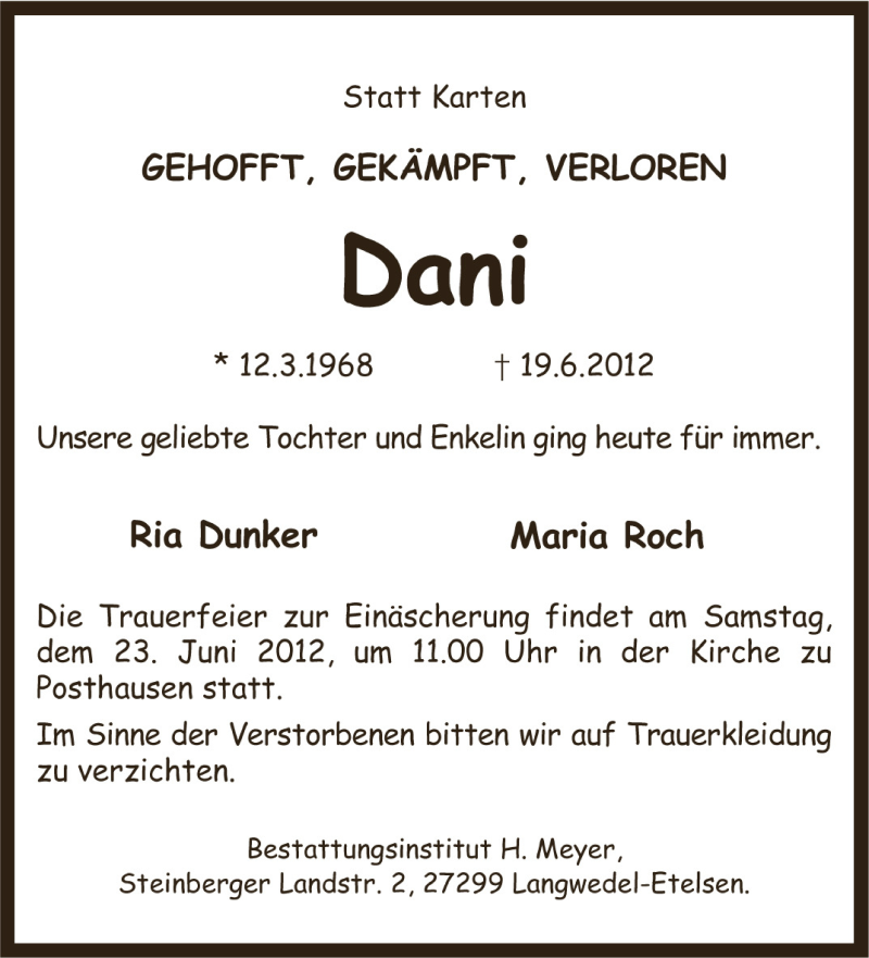  Traueranzeige für Daniela Bösl vom 22.06.2012 aus KREISZEITUNG SYKE