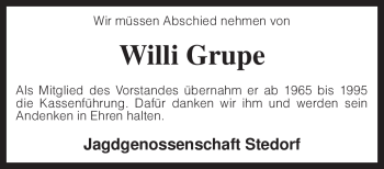 Traueranzeige von Willi Grupe von KREISZEITUNG SYKE