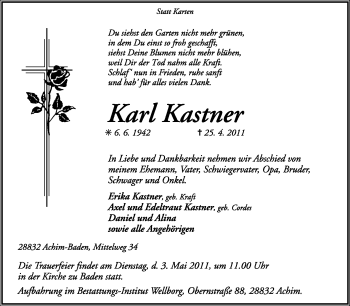 Traueranzeige von Karl Kastner von KREISZEITUNG SYKE