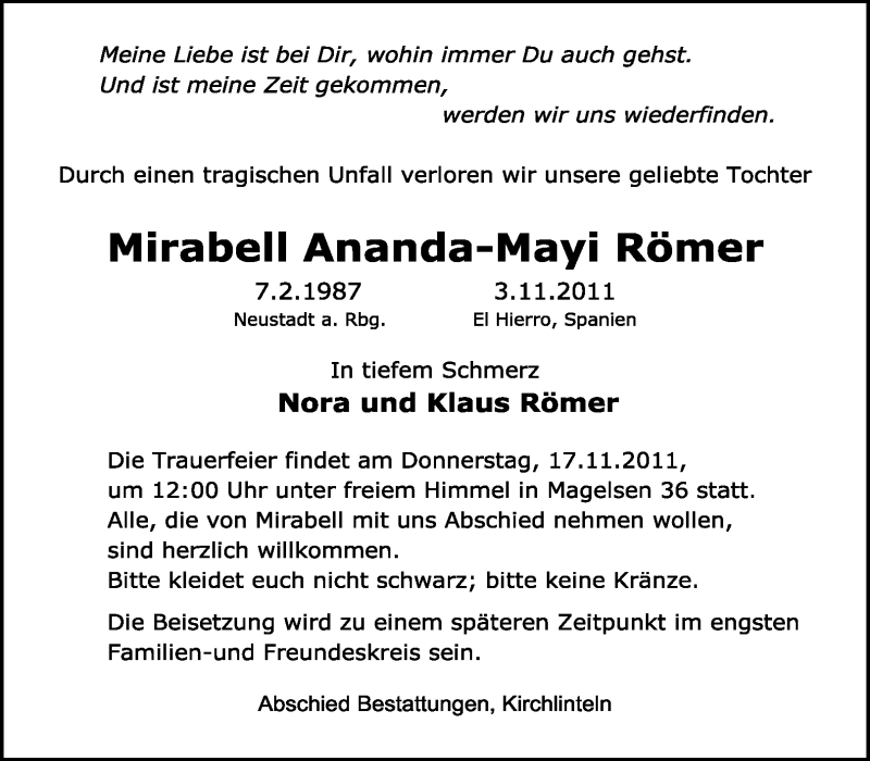  Traueranzeige für Mirabell Ananda-Mayi Römer vom 12.11.2011 aus KREISZEITUNG SYKE