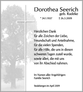 Traueranzeige von Dorothea Seerich von KREISZEITUNG SYKE