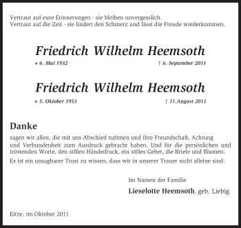 Traueranzeige von Friedrich Wilhelm Heemsoth von KREISZEITUNG SYKE